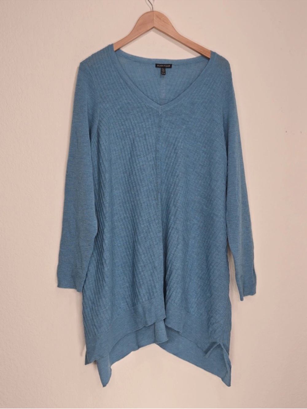 Eileen Fisher Sweater Teal 100% Wool V Neck Tunic Long Sleeve Size XL